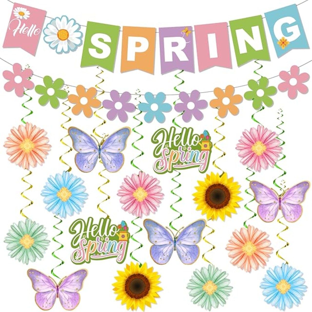 Hello Spring Party Decorations Include Hello Spring Banner, Spring Daisy Garland Banner, Spring Sunflowers Butterfly Hanging Swirls for Spring Birthday Easter Party Decorations Supplies